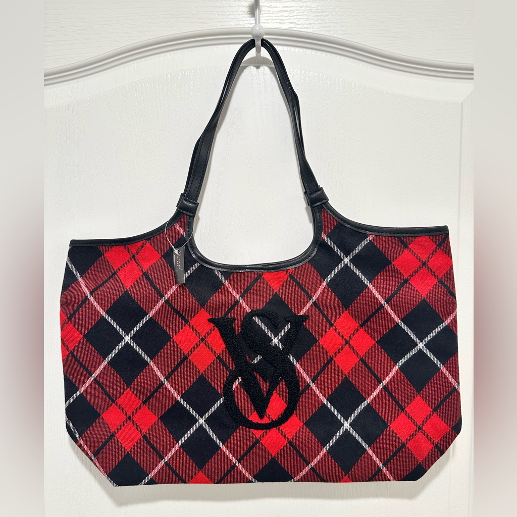 Victorias Secret Sherpa Logo Plaid Tote Bag Weekender Tote Red Black - Nwt